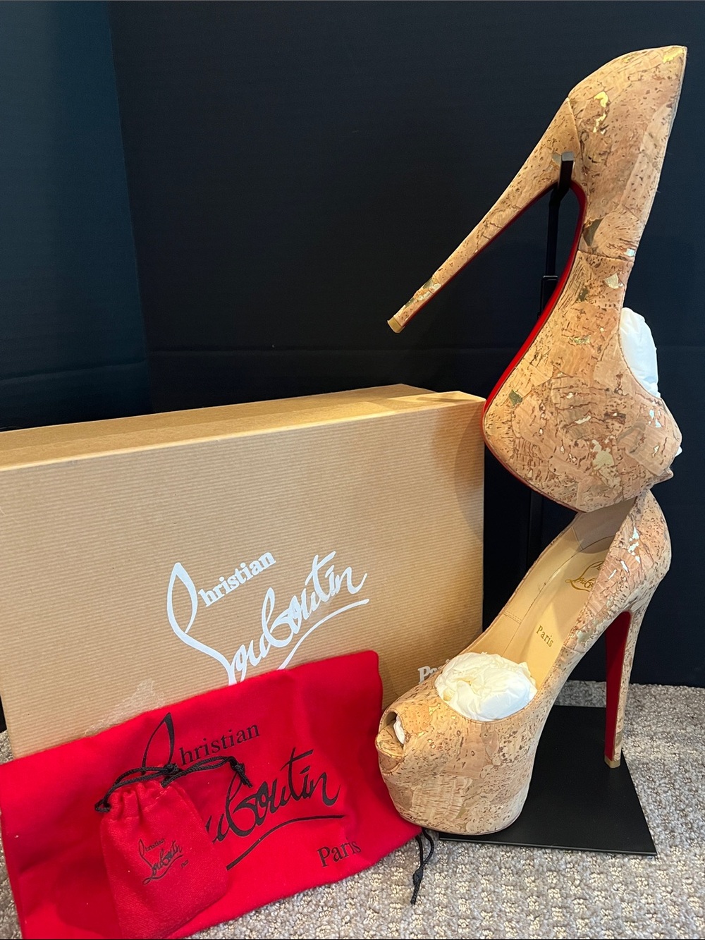 Christian Louboutin Highness Cork Lame Peep-Toe Platform Pumps with Red Soles